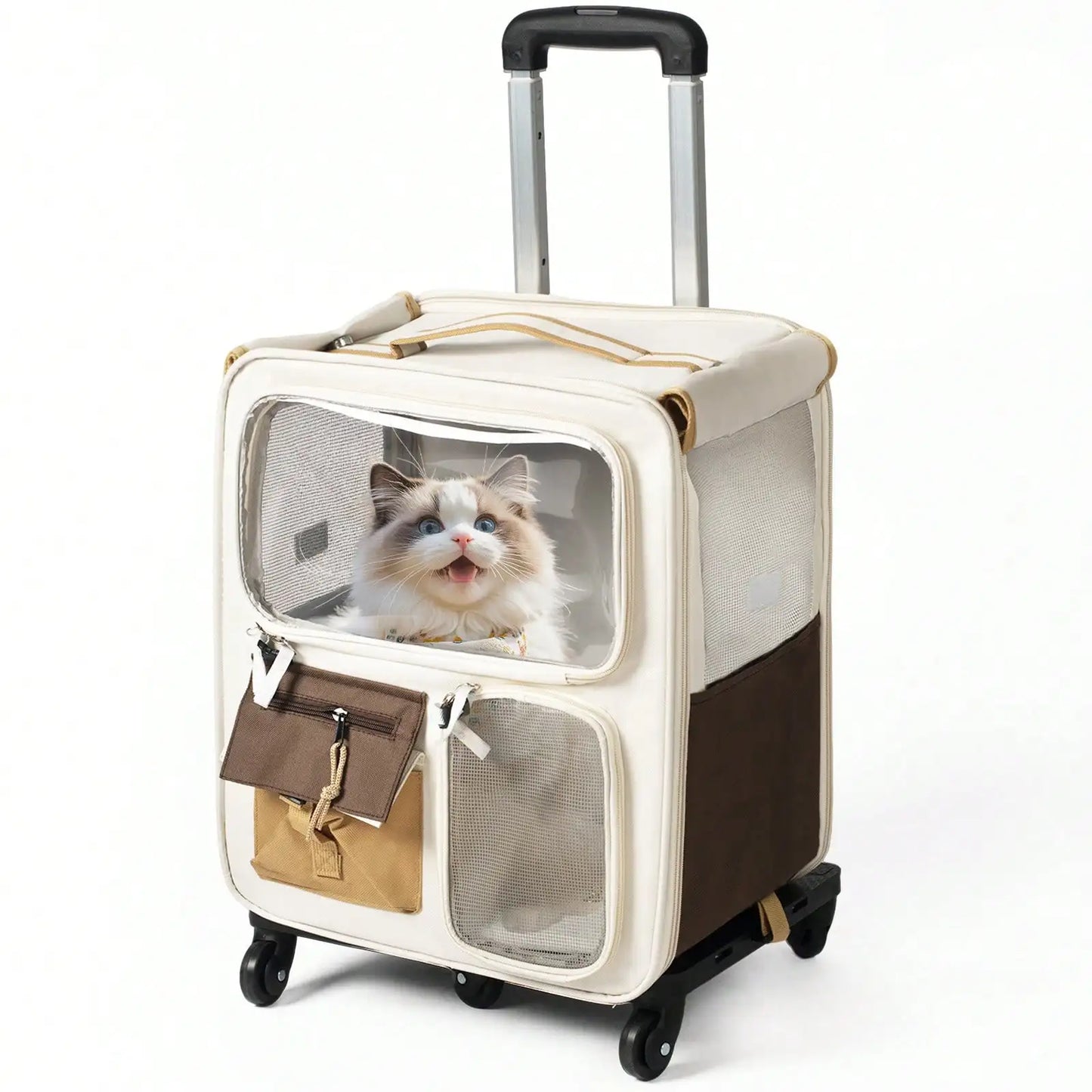 2-in-1 Rolling Cat Carrier with Wheels, Telescopic Handle, Polyester Pet Travel Bag, Clear Window, Mesh Ventilation