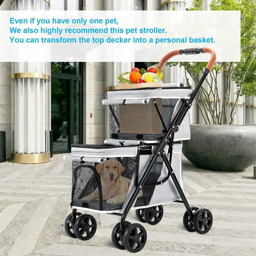 Double Pet Stroller or Dogs and Cats, One-Hand olding Dog Stroller Travel Carriage or Small Medium Dogs Cats, 4 Wheels, Gray