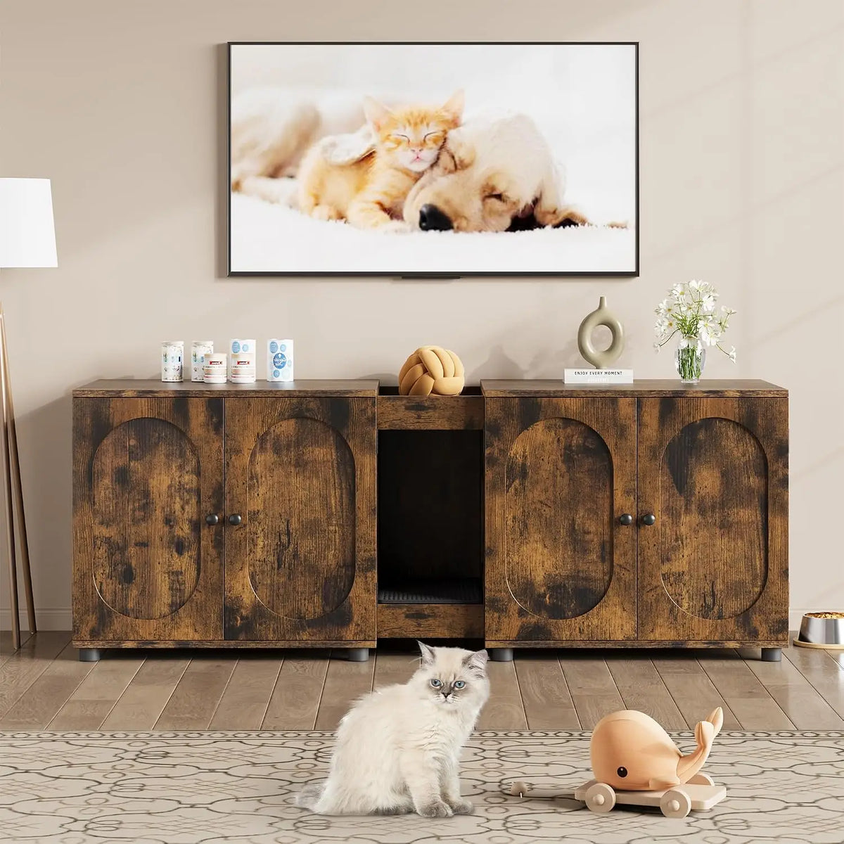 Double Cat Litter Box Enclosure Furniture - Extra Large Hidden Litter Box Cabinet for 2 Cats, Rattan Doors, Storage End Table/TV Stand, Litter Mat Included