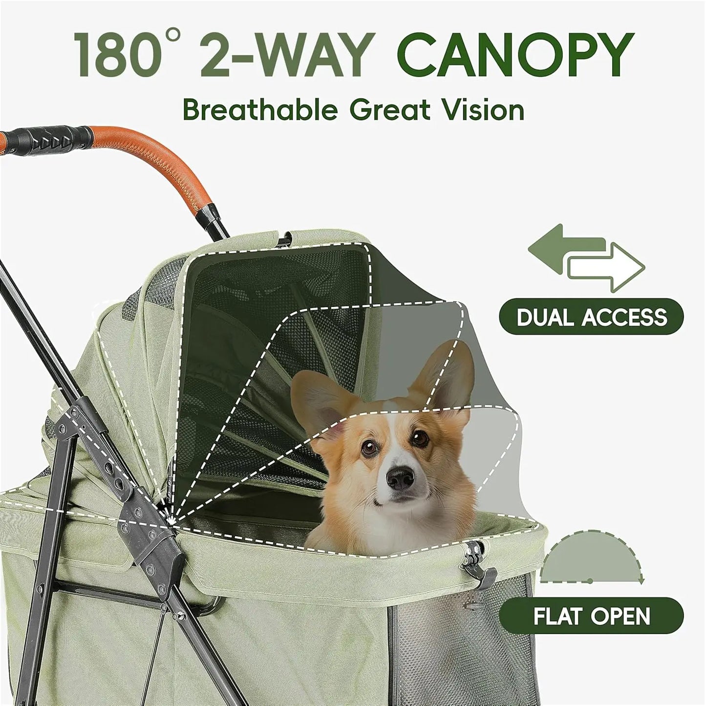 Low-Entry Pet Stroller for 2 Small or 1 Medium Dog, Anti-Jump-Out Design, 600D Oxford Fabric, Holds Up to 70 lbs, Green
