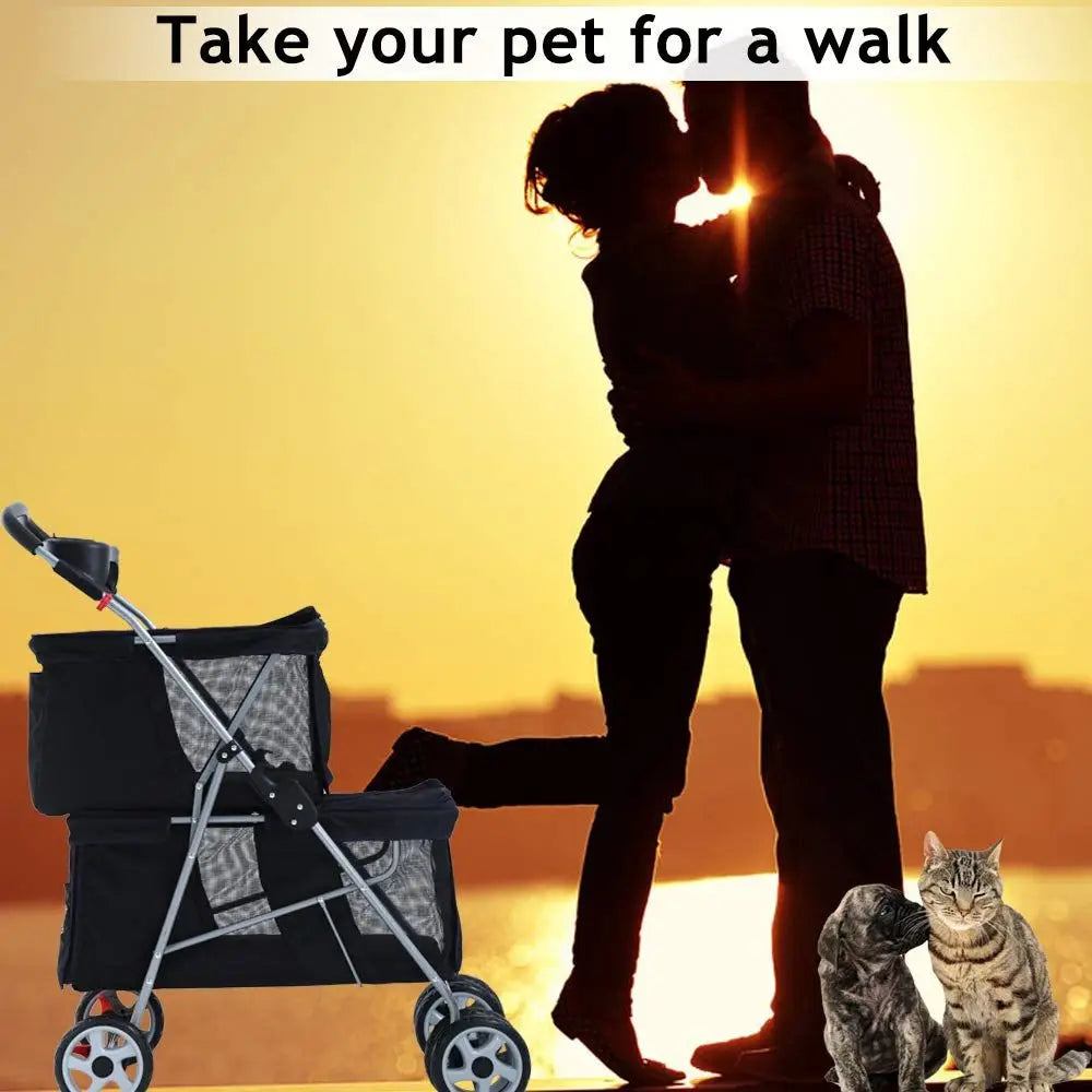 Double Dog Stroller Pet Stroller Cat Stroller Small Medium Dogs Cats 2 Puppy or Two Kitty 4 Wheels Travel Carrier Cage with Cup