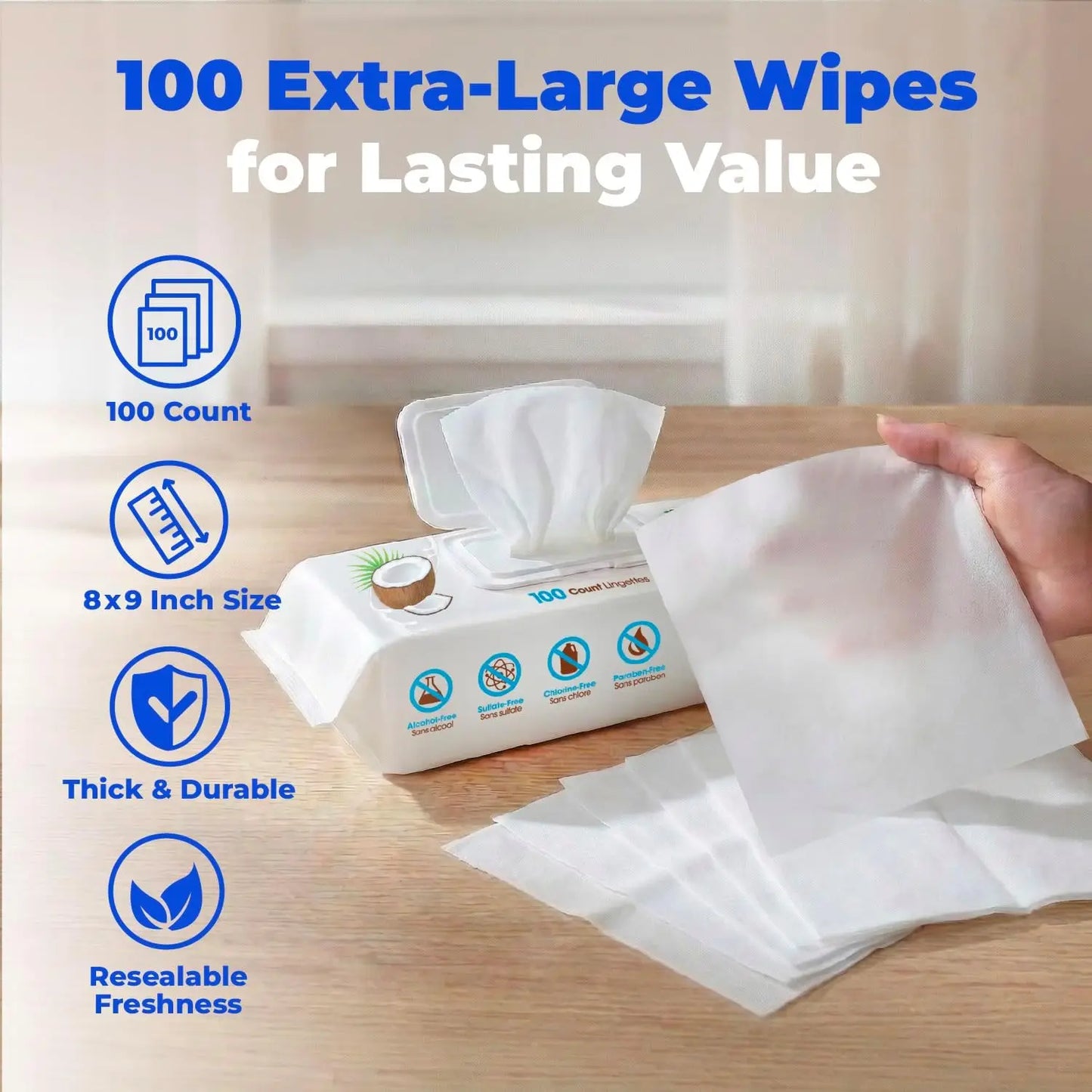 Large 8x9 Dog Wipes - Cleaning & Deodorizing for Paws & Coat - Gentle with Coconut Vitamin E - 100 Count