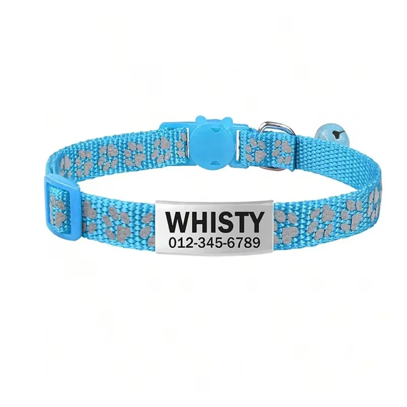 Custom Reflective Paw Cat Collar Personalized ID Adjustable Safety Buckle with Bell Free Engraving Nylon Puppy Kittens Necklace