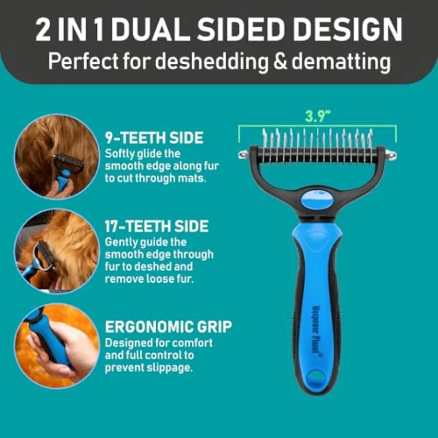 Pet Grooming Brush and 2X Grooming Gloves Combo, Double-Sided, Easy to Clean, for Dogs and Cats.