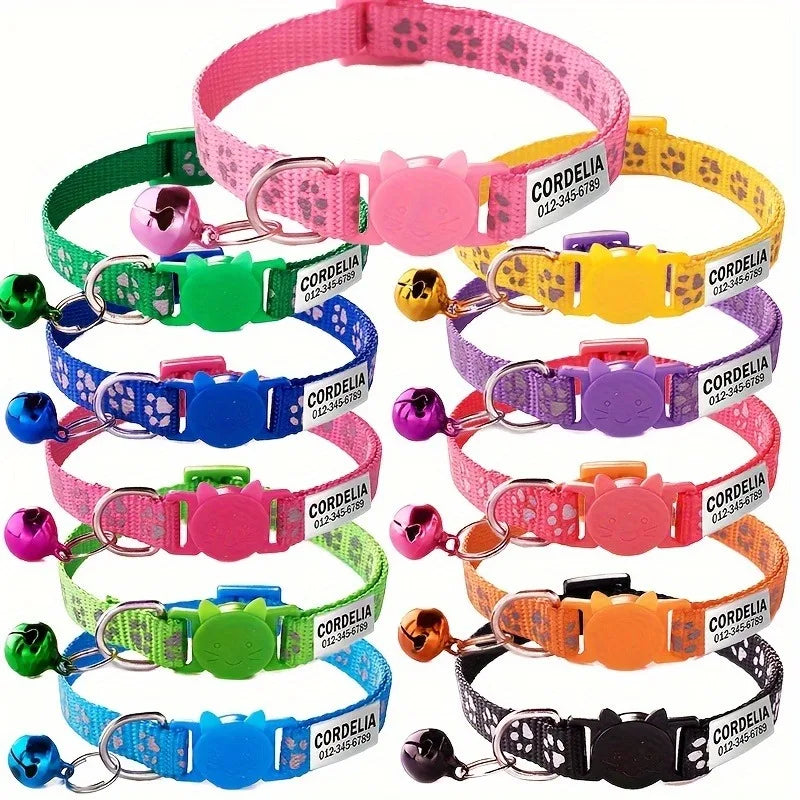 Custom Reflective Paw Cat Collar Personalized ID Adjustable Safety Buckle with Bell Free Engraving Nylon Puppy Kittens Necklace