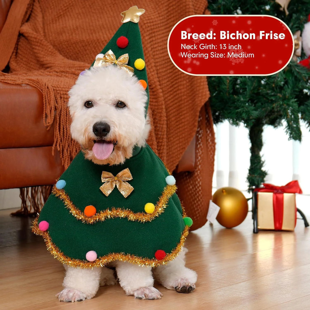 Pet Christmas Tree Cape & Hat Set, Dog Xmas Cosplay Outfit, Cute Holiday Costume for Bichon, Westie, Teddy Small Dogs & Cats