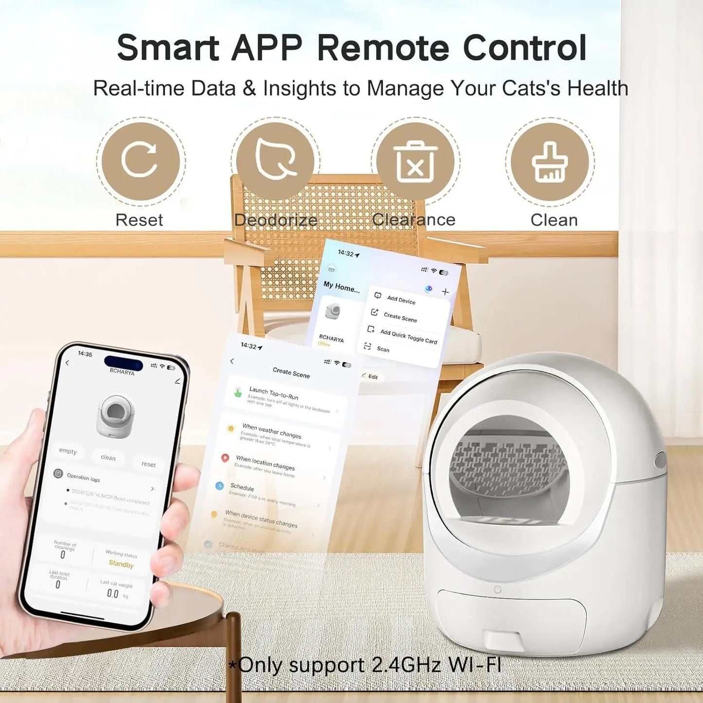 Cat Litter Box, Automatic Cat Litter Box with APP Control Odor Removal Safety Protection for Multiple Cats, with Garbage Bags