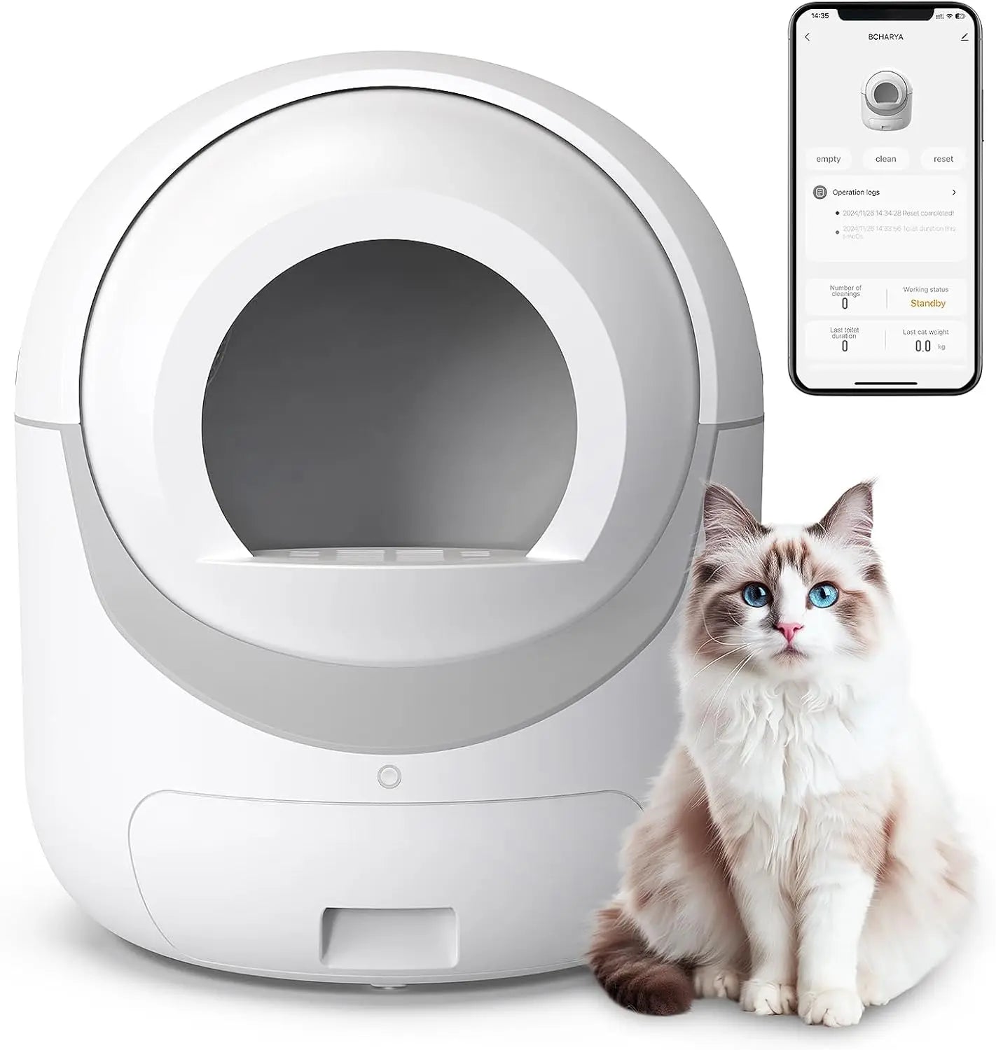 Cat Litter Box, Automatic Cat Litter Box with APP Control Odor Removal Safety Protection for Multiple Cats, with Garbage Bags