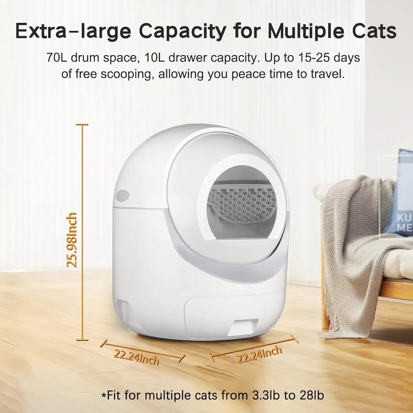 Cat Litter Box, Automatic Cat Litter Box with APP Control Odor Removal Safety Protection for Multiple Cats, with Garbage Bags
