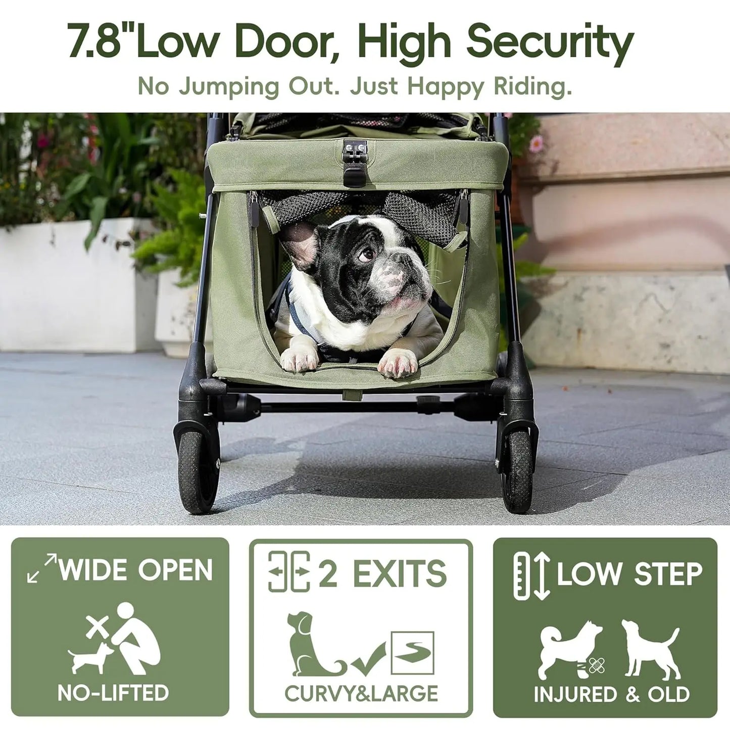 Low-Entry Pet Stroller for 2 Small or 1 Medium Dog, Anti-Jump-Out Design, 600D Oxford Fabric, Holds Up to 70 lbs, Green