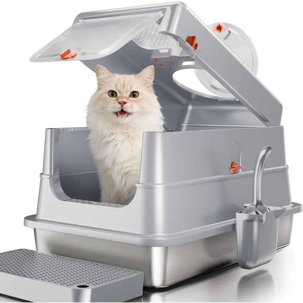 Extra Large Enclosed Stainless Steel Cat Litter Box with High Sides Flip Cover Scoop Step Leak Proof Odor Control