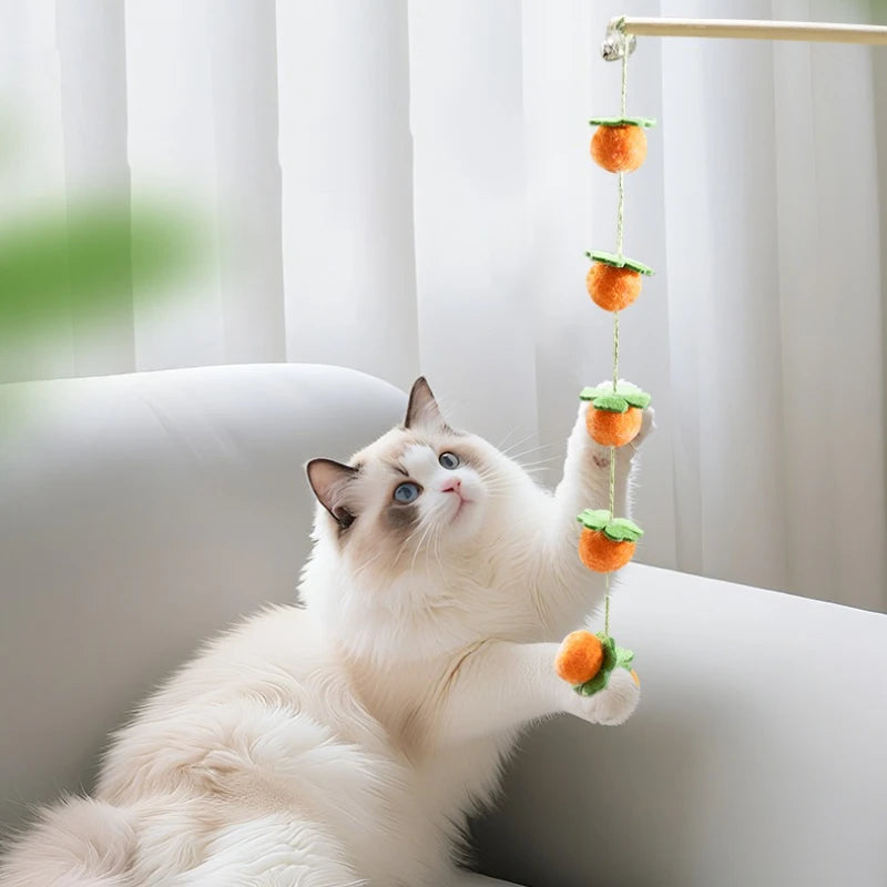 Interactive Cat Toy Funny Colorful Fruit Cats Teaser Stick Feather Toys Kitten Playing Teaser Wand Toy Cat Supplies