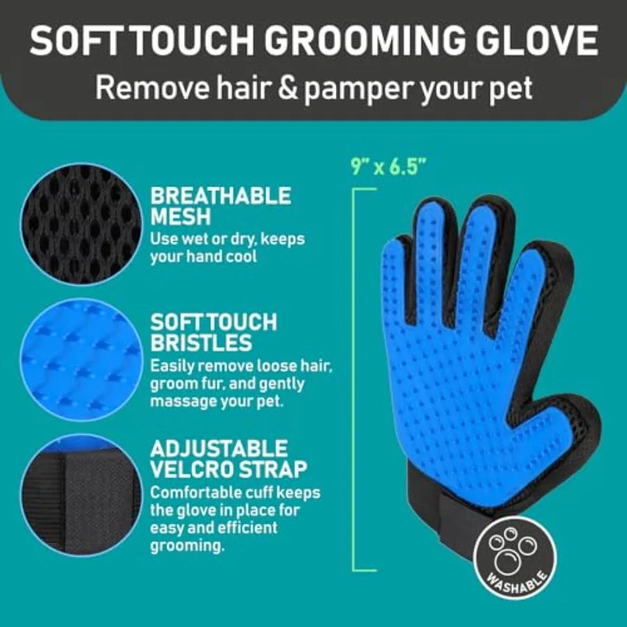 Pet Grooming Brush and 2X Grooming Gloves Combo, Double-Sided, Easy to Clean, for Dogs and Cats.