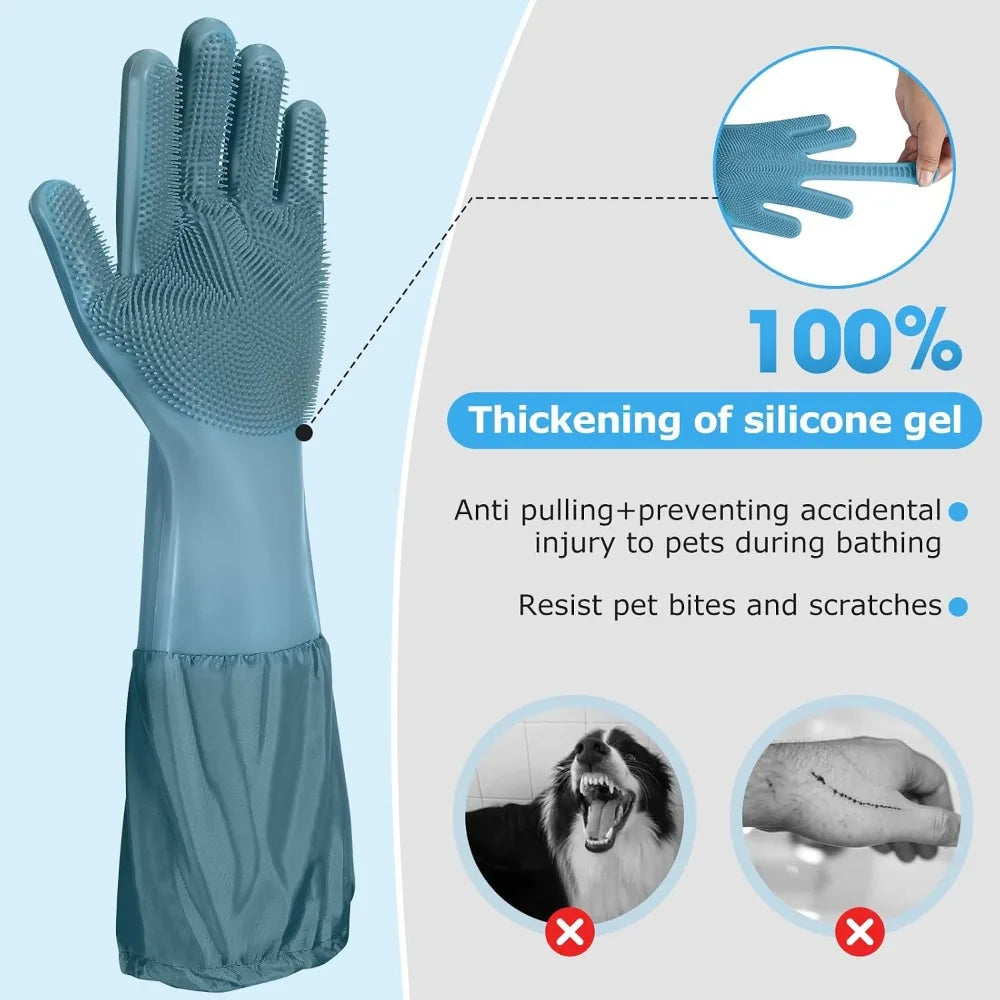 Dog Washing Gloves, 17.3" Long Sleeves, Silicone Massage & Hair Removal, Blue