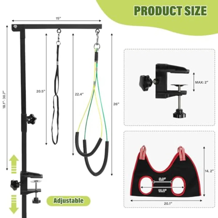 Dog Grooming Arm with Pet Grooming Hammock, 35" Pet Grooming Table Arm with Adjustable No Sit Haunch Holders, Dog Grooming Stan