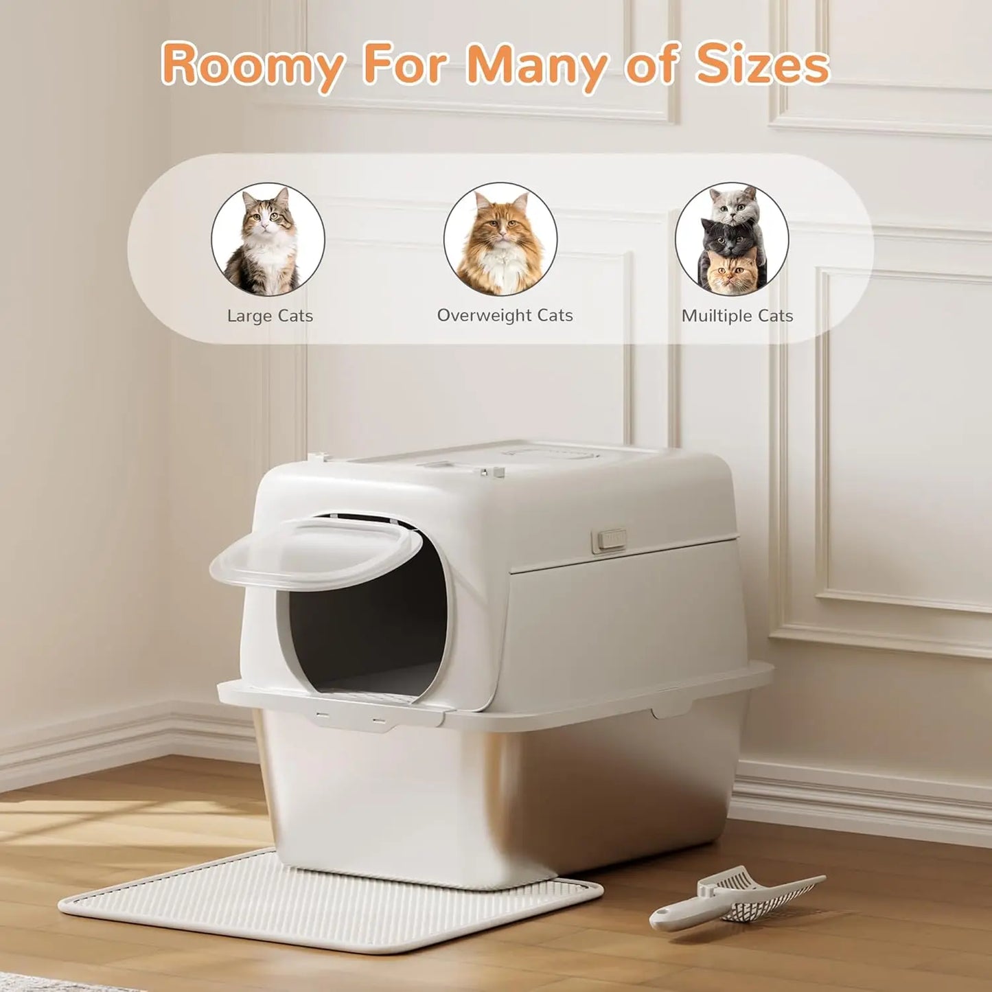 Stainless Steel Litter Box Large Odor Free Anti-Leakage High Sided Cat Litter Box with Scoop&Litter Mat, Semi-enclosed/Enclosed