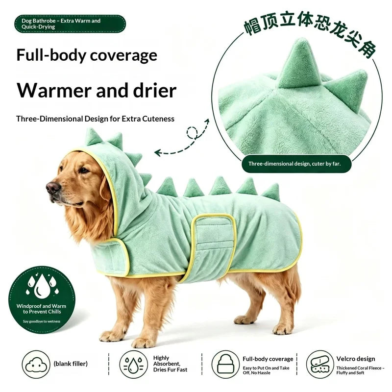 Cute Dinosaur Dog Bathrobe, Microfiber Water Absorbing Drying Coat, Wearable Pet Bathing Outfit for Puppy Grooming After Shower