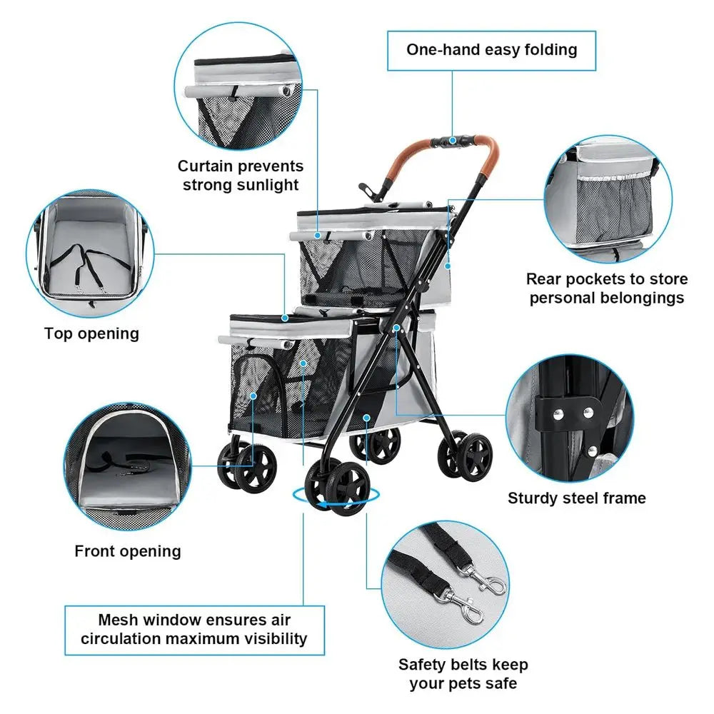 Double Pet Stroller or Dogs and Cats, One-Hand olding Dog Stroller Travel Carriage or Small Medium Dogs Cats, 4 Wheels, Gray