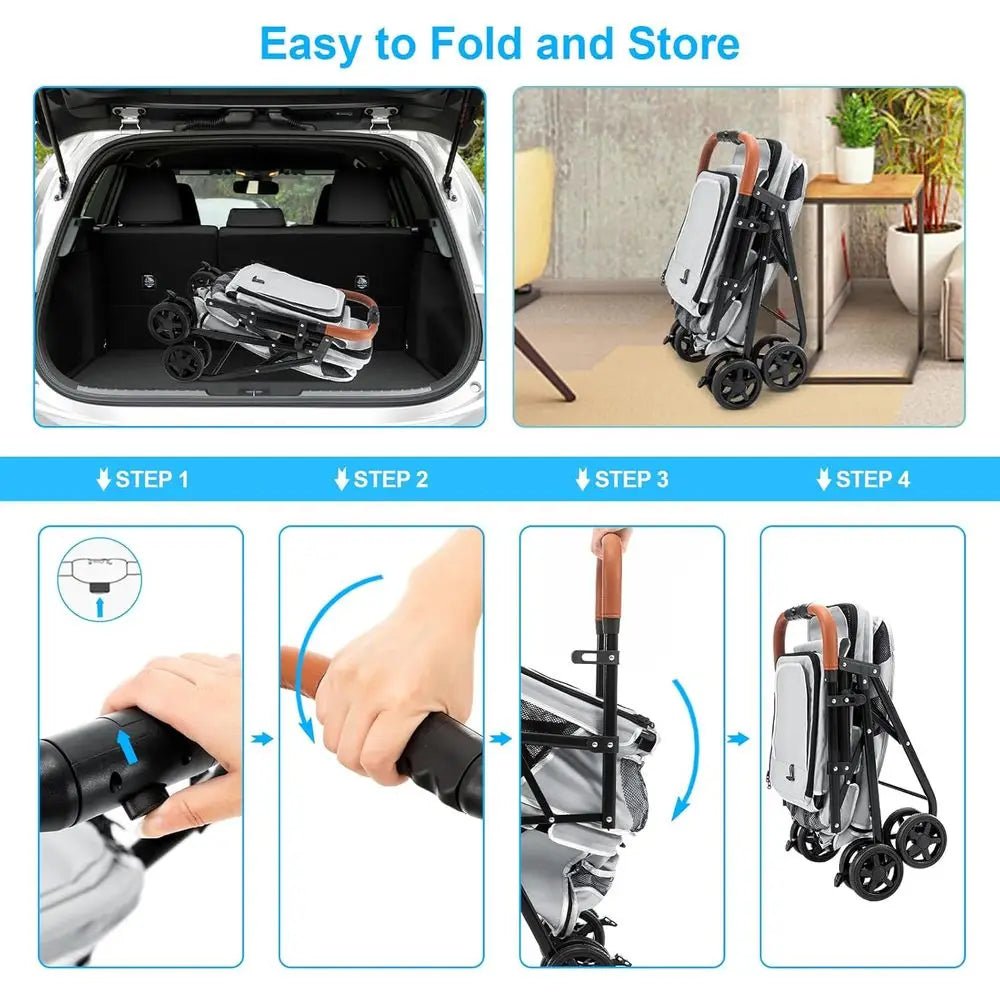 Double Pet Stroller or Dogs and Cats, One-Hand olding Dog Stroller Travel Carriage or Small Medium Dogs Cats, 4 Wheels, Gray