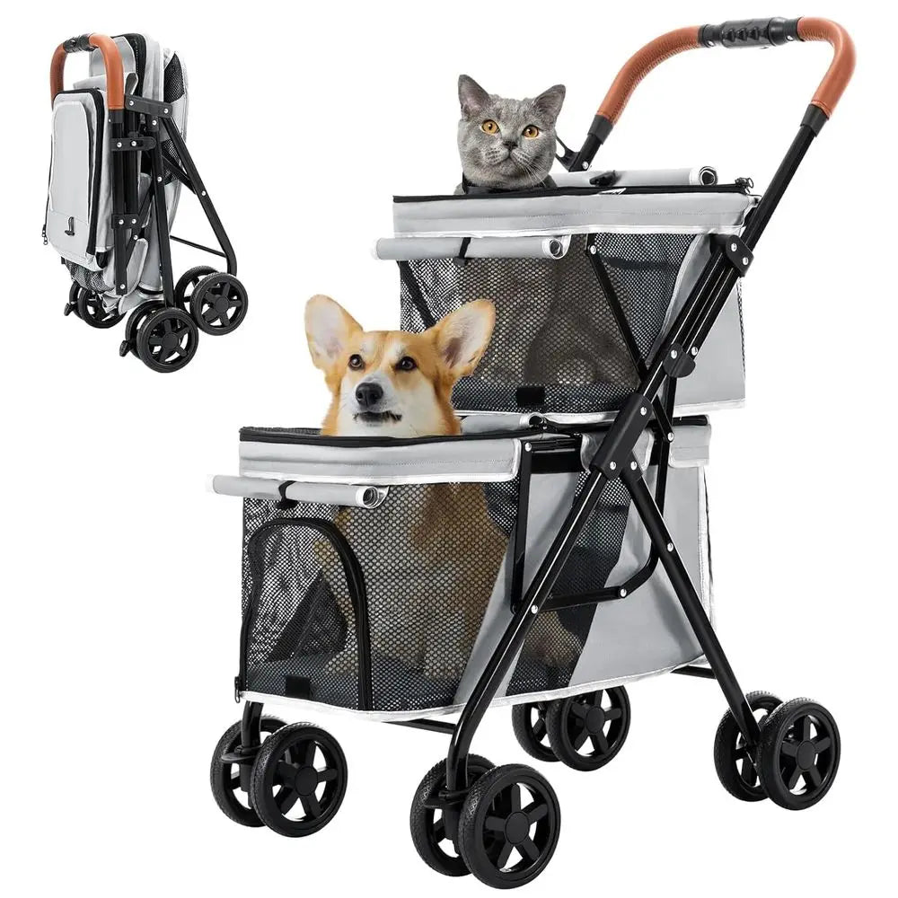 Double Pet Stroller or Dogs and Cats, One-Hand olding Dog Stroller Travel Carriage or Small Medium Dogs Cats, 4 Wheels, Gray