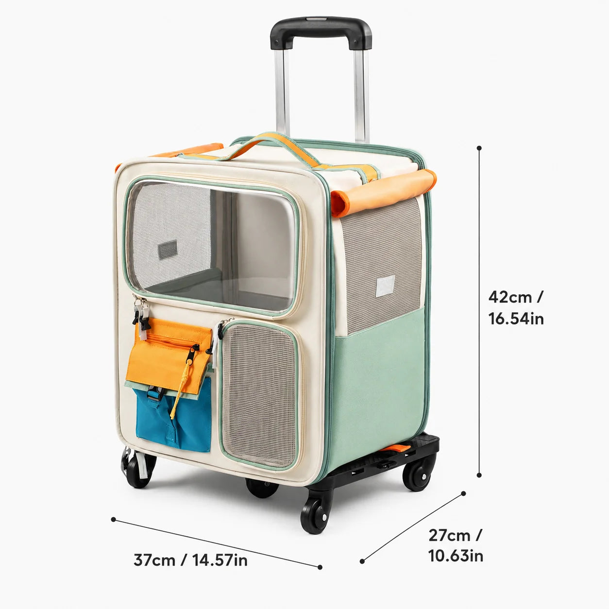2-in-1 Rolling Cat Carrier with Wheels, Telescopic Handle, Polyester Pet Travel Bag, Clear Window, Mesh Ventilation