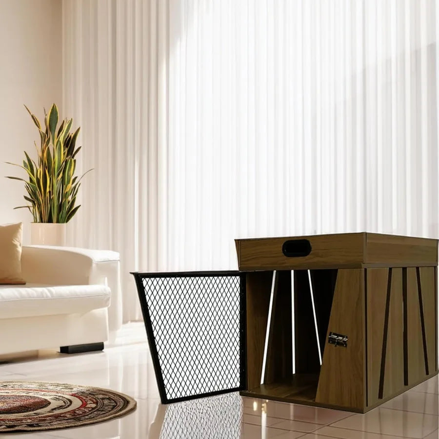 Modern Geometric Wooden Pet Crate with Integrated Storage Compartment for Leashes and Treats Cozy and Stylish Design Ideal for