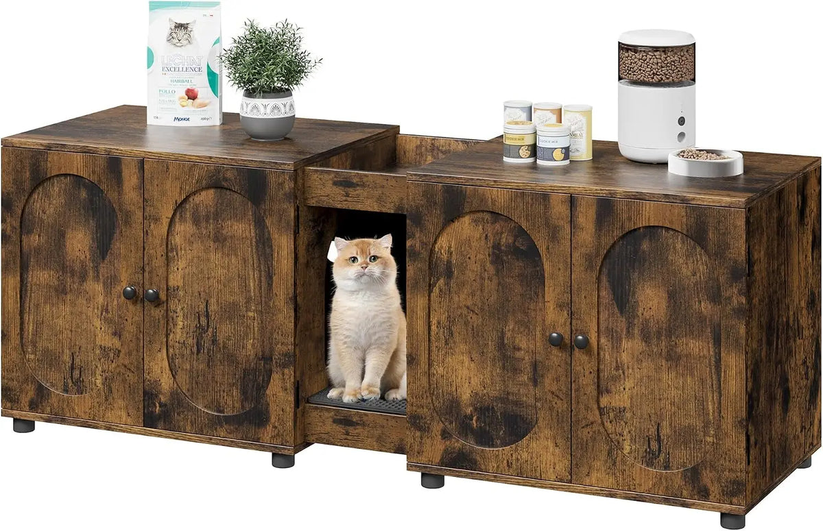 Double Cat Litter Box Enclosure Furniture - Extra Large Hidden Litter Box Cabinet for 2 Cats, Rattan Doors, Storage End Table/TV Stand, Litter Mat Included