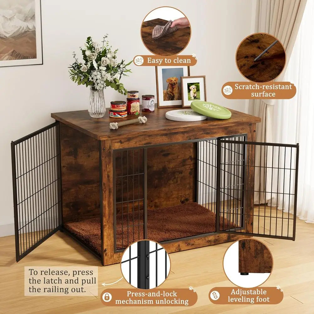 Durable Wooden Dog Crate with Double Doors, Side Table Function, Plush Cushion, and Chew-Resistant Surface