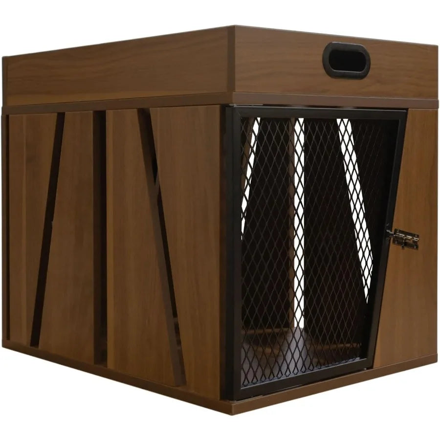Modern Geometric Wooden Pet Crate with Integrated Storage Compartment for Leashes and Treats Cozy and Stylish Design Ideal for