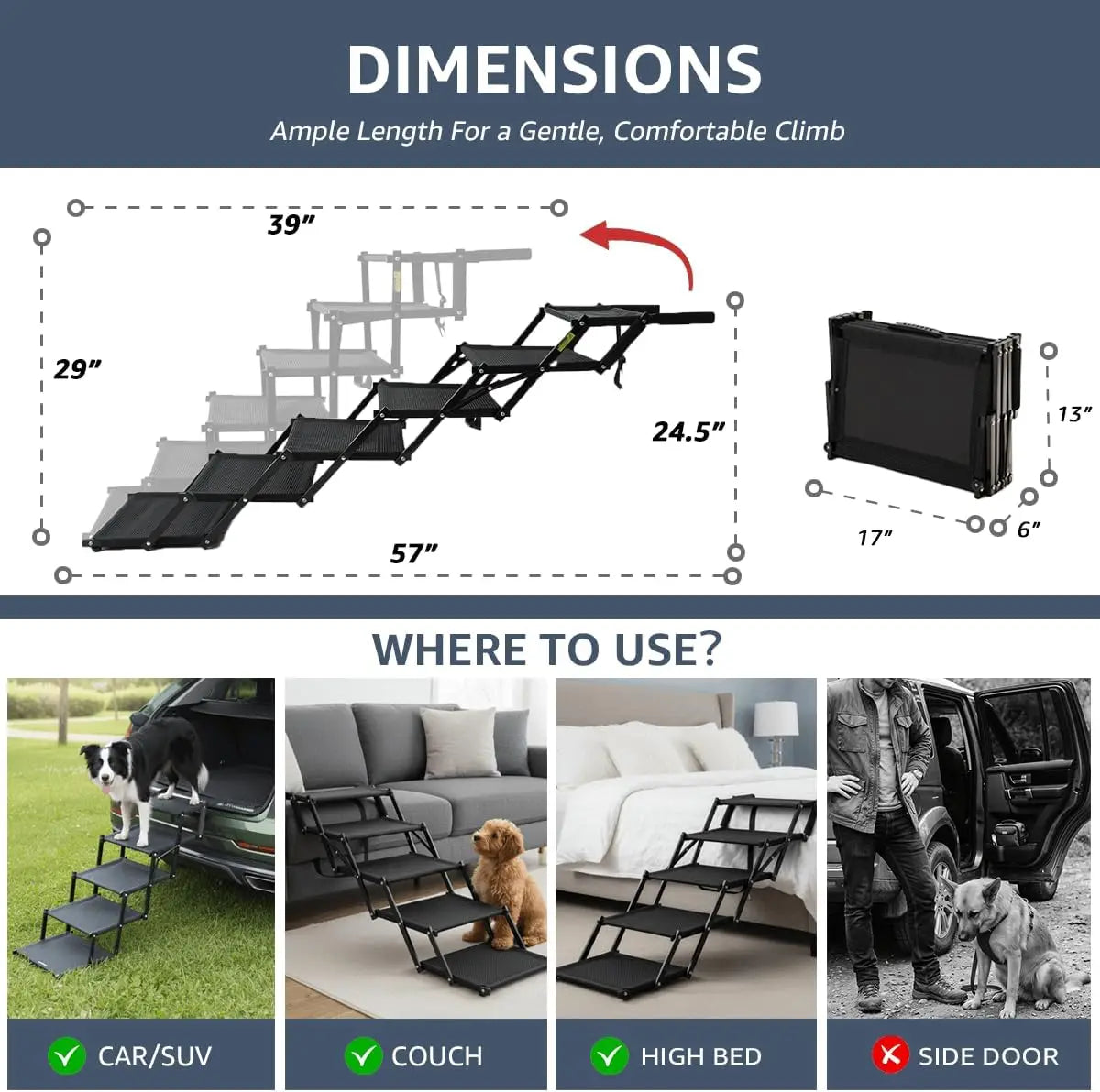 Extra Wide Foldable 6-Step Dog Stairs & Pet Ramp for Large Dogs, Cars, SUVs, Trucks, High Beds, Skid-Resistant Surface, Holds up to 250 lbs
