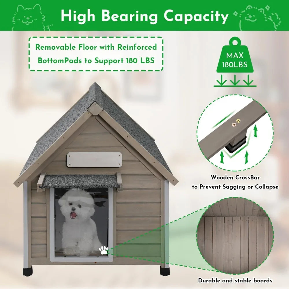 Outdoor Dog House Weatherproof Large Wooden Dog Kennel Indoor for Small Dogs with Chew-Proof Frame, Oxford Fabric Window, Remova