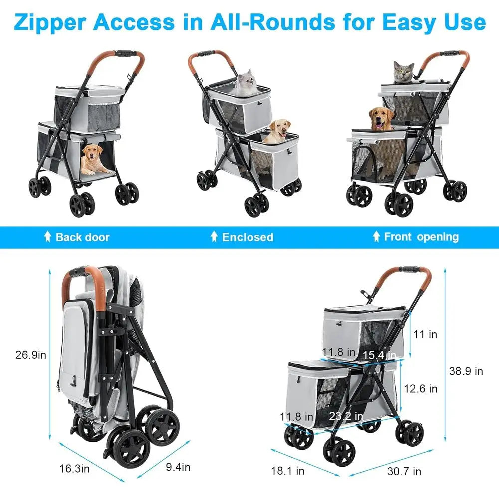 Double Pet Stroller or Dogs and Cats, One-Hand olding Dog Stroller Travel Carriage or Small Medium Dogs Cats, 4 Wheels, Gray