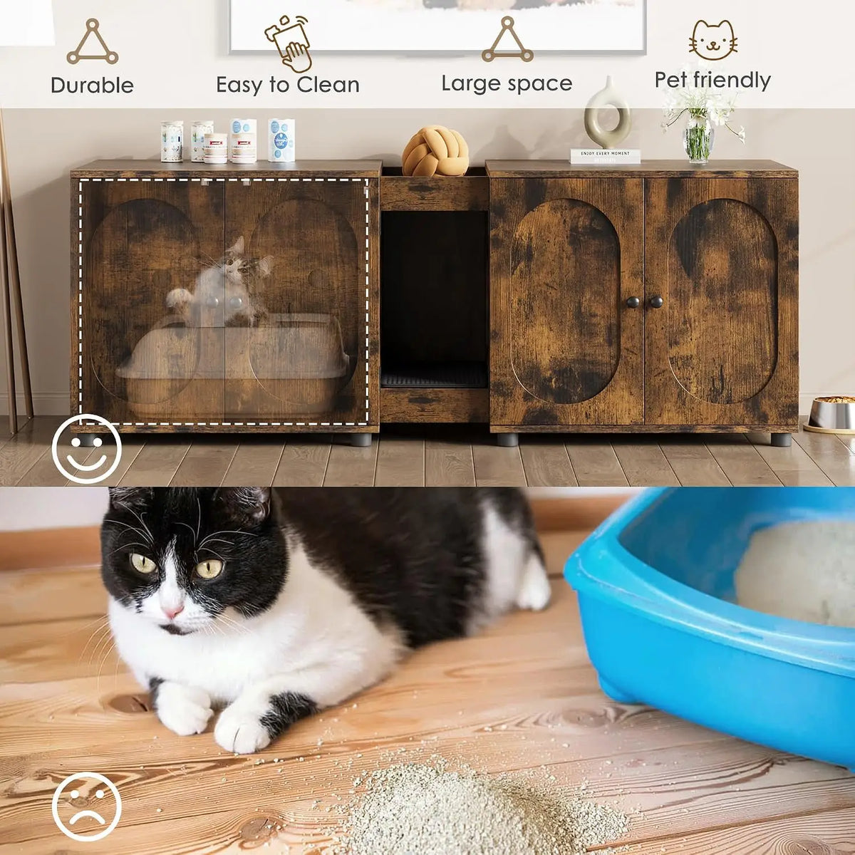 Double Cat Litter Box Enclosure Furniture - Extra Large Hidden Litter Box Cabinet for 2 Cats, Rattan Doors, Storage End Table/TV Stand, Litter Mat Included