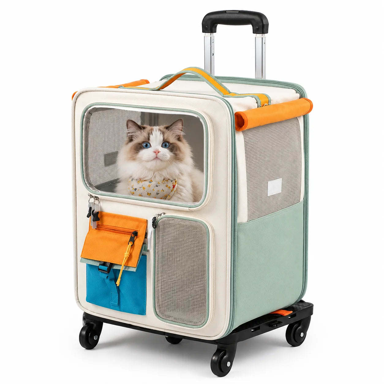 2-in-1 Rolling Cat Carrier with Wheels, Telescopic Handle, Polyester Pet Travel Bag, Clear Window, Mesh Ventilation