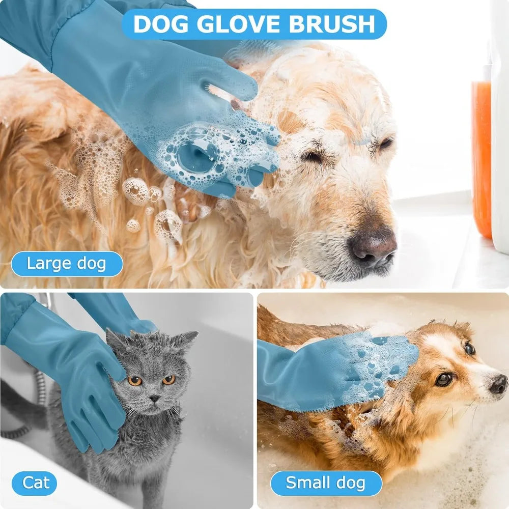 Dog Washing Gloves, 17.3" Long Sleeves, Silicone Massage & Hair Removal, Blue