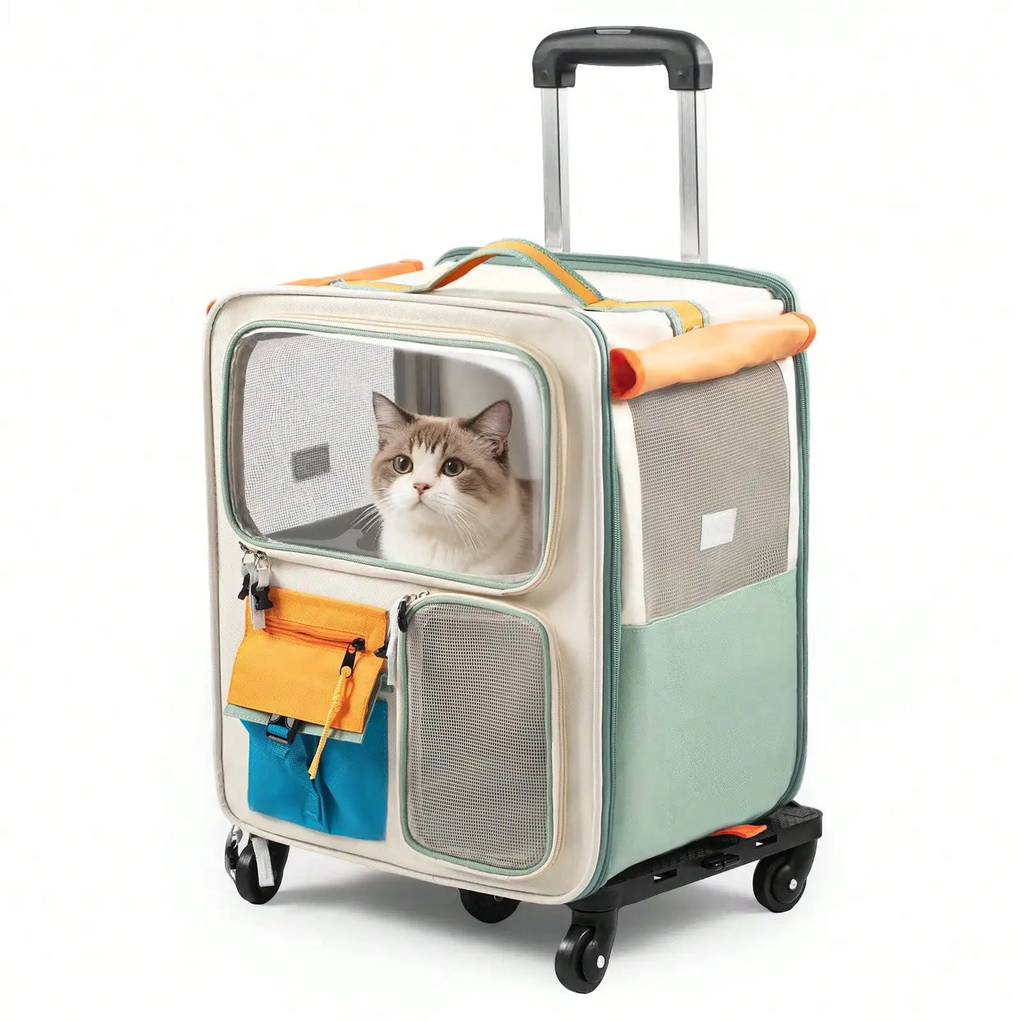 2-in-1 Rolling Cat Carrier with Wheels, Telescopic Handle, Polyester Pet Travel Bag, Clear Window, Mesh Ventilation