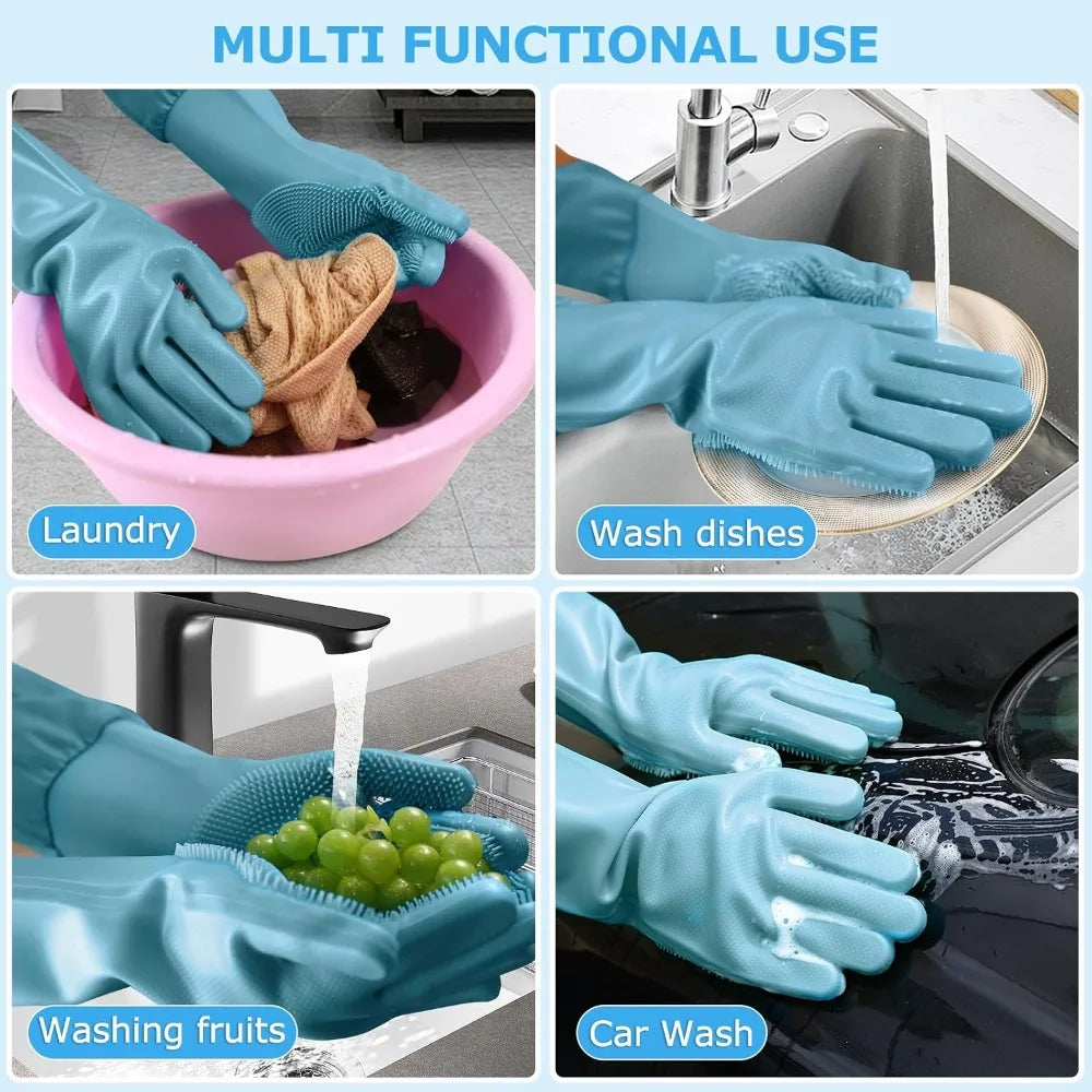 Dog Washing Gloves, 17.3" Long Sleeves, Silicone Massage & Hair Removal, Blue
