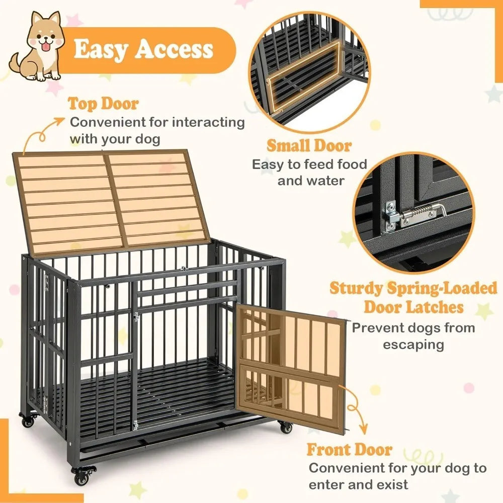 Foldable Metal Dog Crate - Heavy Duty Dog Cage with Top Doors, Feeding Access, Removable Tray, Lockable Wheels，Customized