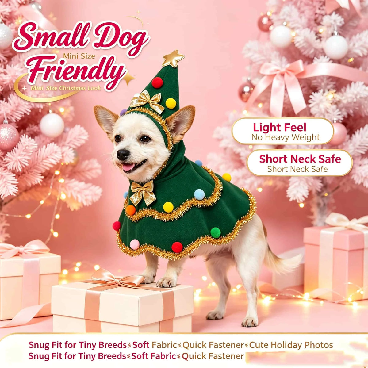 Pet Christmas Tree Cape & Hat Set, Dog Xmas Cosplay Outfit, Cute Holiday Costume for Bichon, Westie, Teddy Small Dogs & Cats