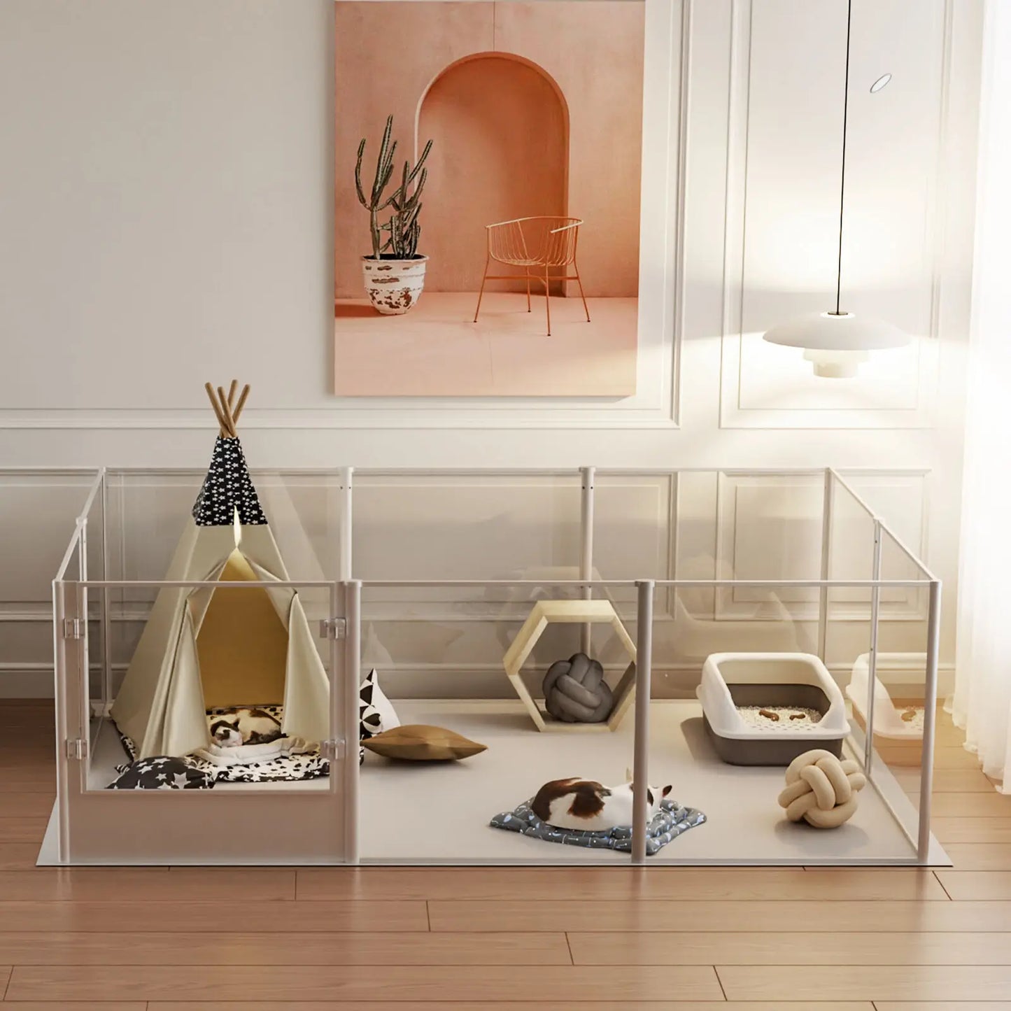 Unique Clear Acrylic Pet Playpen Dog Whelping Pen Rabbit Cage with Waterproof Floor Pad for Guinea Pigs Hedgehogs Hamsters