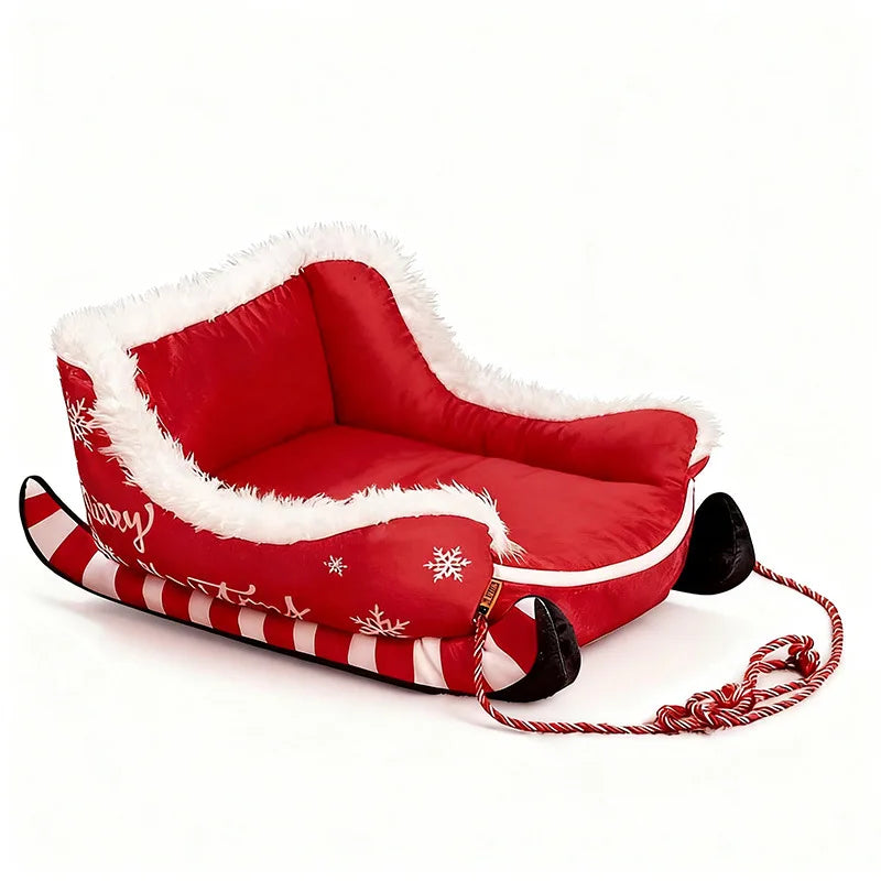 Christmas Sleigh Bed Removable Washable Plush Pet Warm Sofa with Non-Slip Base Christmas Cat Dog Nest for Winter Indoor Outdoor