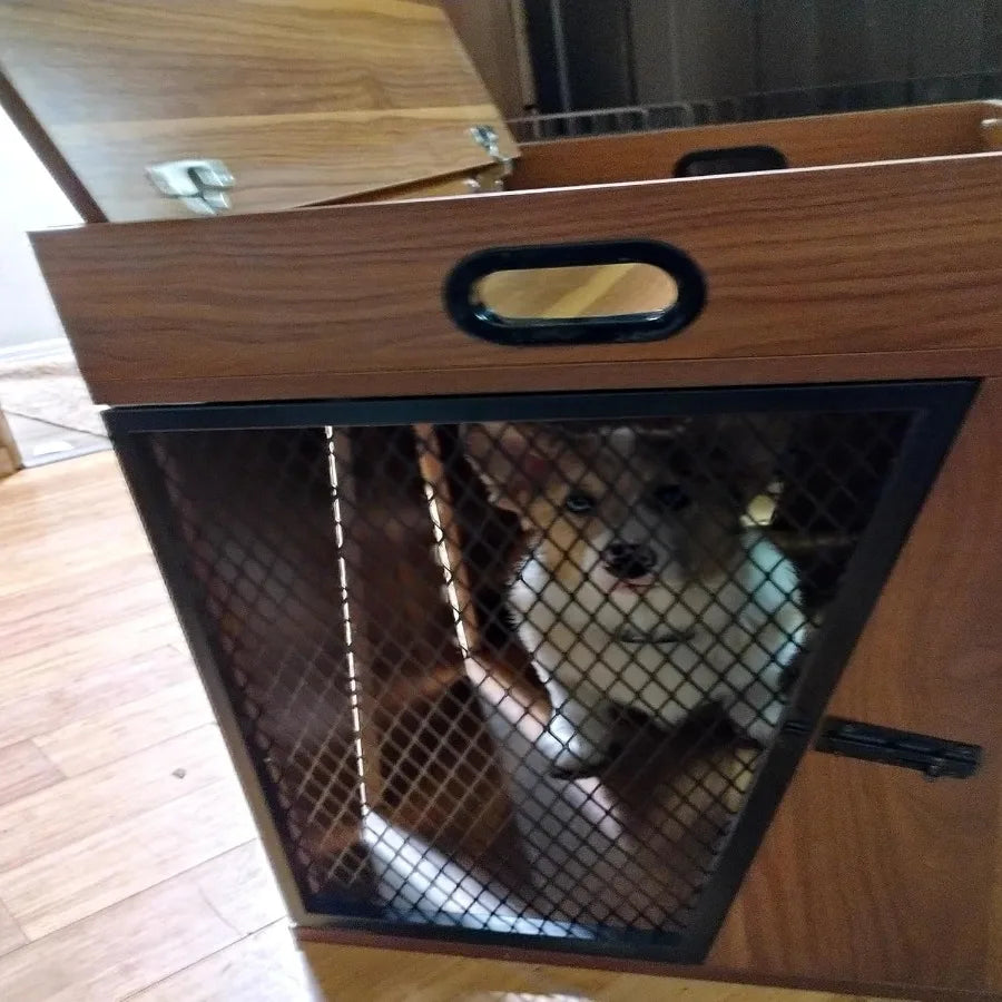 Modern Geometric Wooden Pet Crate with Integrated Storage Compartment for Leashes and Treats Cozy and Stylish Design Ideal for