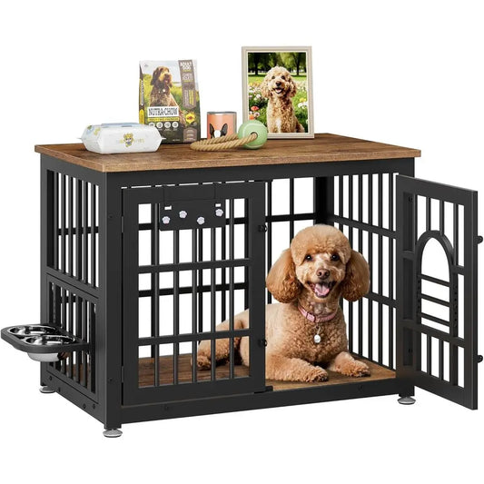 Wooden Dog Kennel Table, 37.8 Heavy-Duty Crate with Bowls for Small to Large Dogs, Brown
