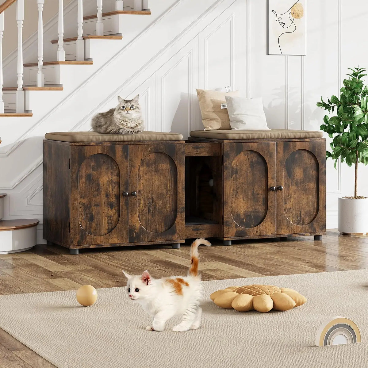 Double Cat Litter Box Enclosure Furniture - Extra Large Hidden Litter Box Cabinet for 2 Cats, Rattan Doors, Storage End Table/TV Stand, Litter Mat Included