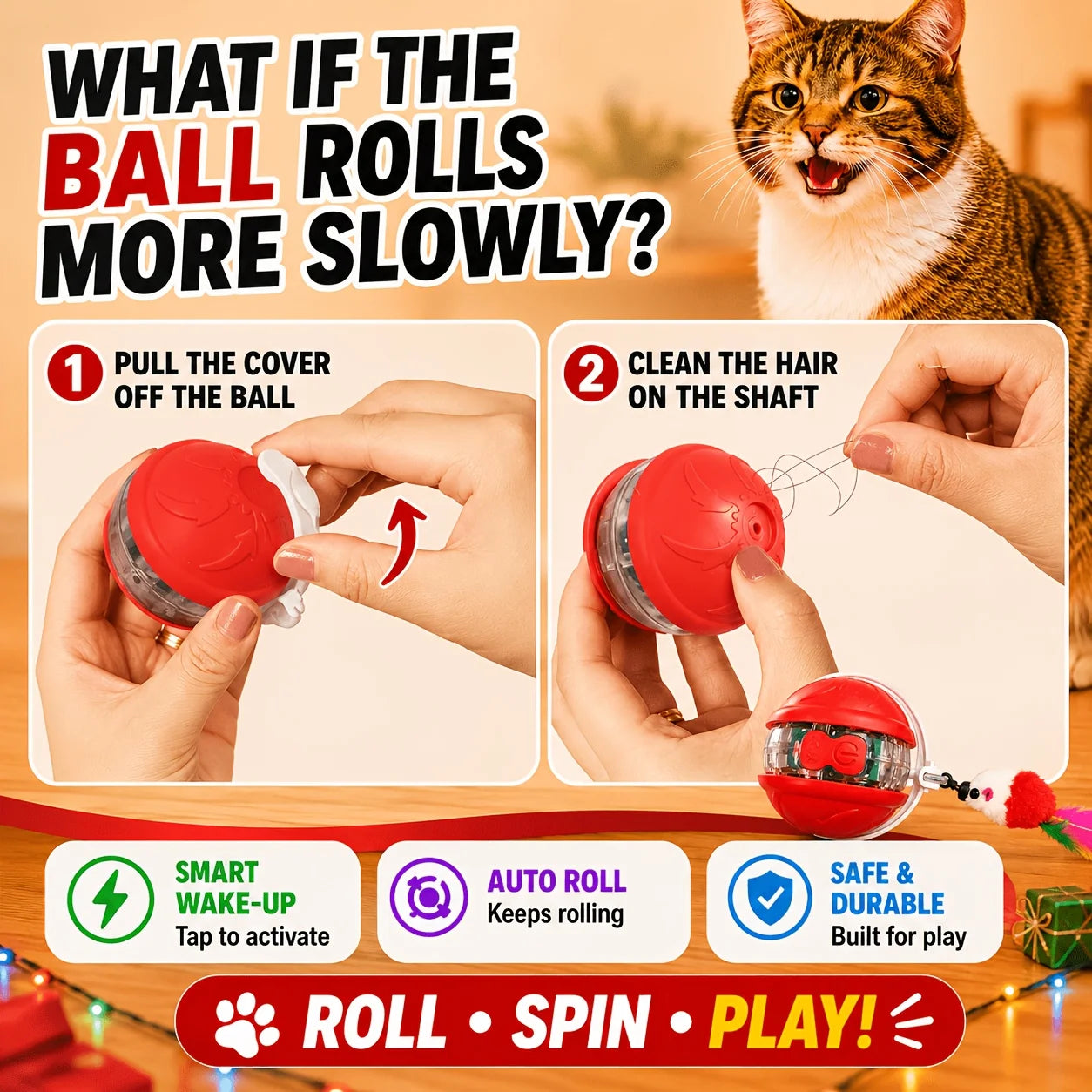 Interactive Cat Toy Ball - Automatic Interactive Cat Toys for Indoor Cats with 1 Tails, 3 Speeds Rechargeable Cat Enrichment Toys for Small/Medium/Large Cats to Keep Them Busy