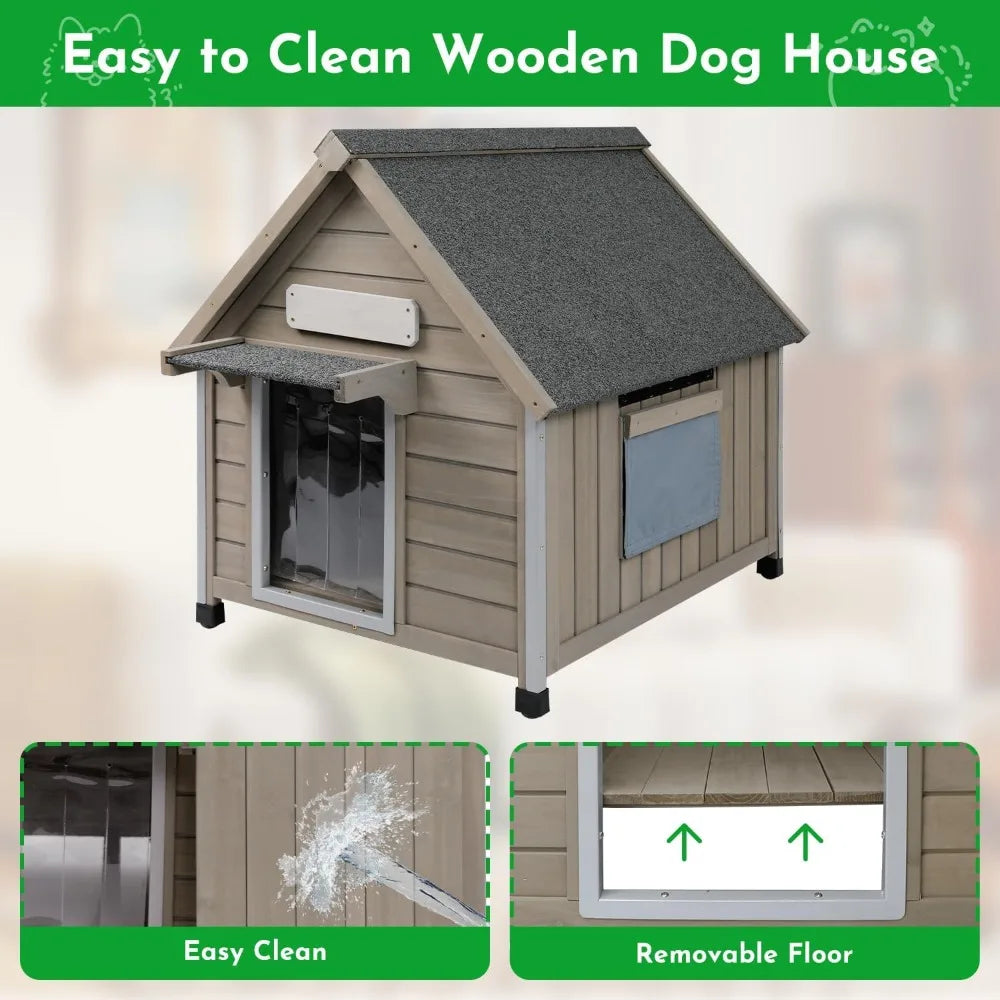 Outdoor Dog House Weatherproof Large Wooden Dog Kennel Indoor for Small Dogs with Chew-Proof Frame, Oxford Fabric Window, Remova