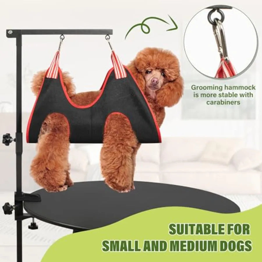 Dog Grooming Arm with Pet Grooming Hammock, 35" Pet Grooming Table Arm with Adjustable No Sit Haunch Holders, Dog Grooming Stan