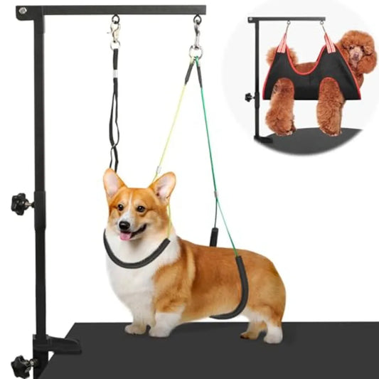 Dog Grooming Arm with Pet Grooming Hammock, 35" Pet Grooming Table Arm with Adjustable No Sit Haunch Holders, Dog Grooming Stan