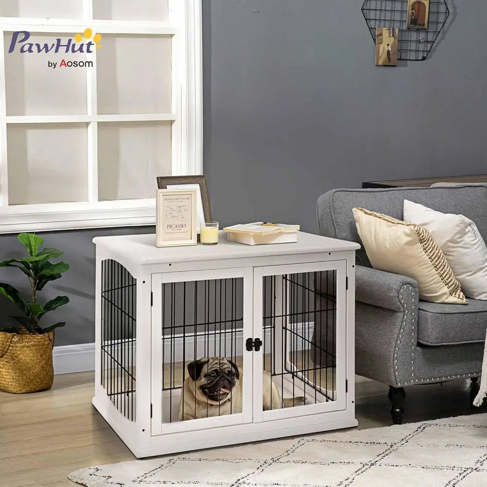 32 Lockable Small Dog Cage End Table, Indoor Puppy Kennel, White