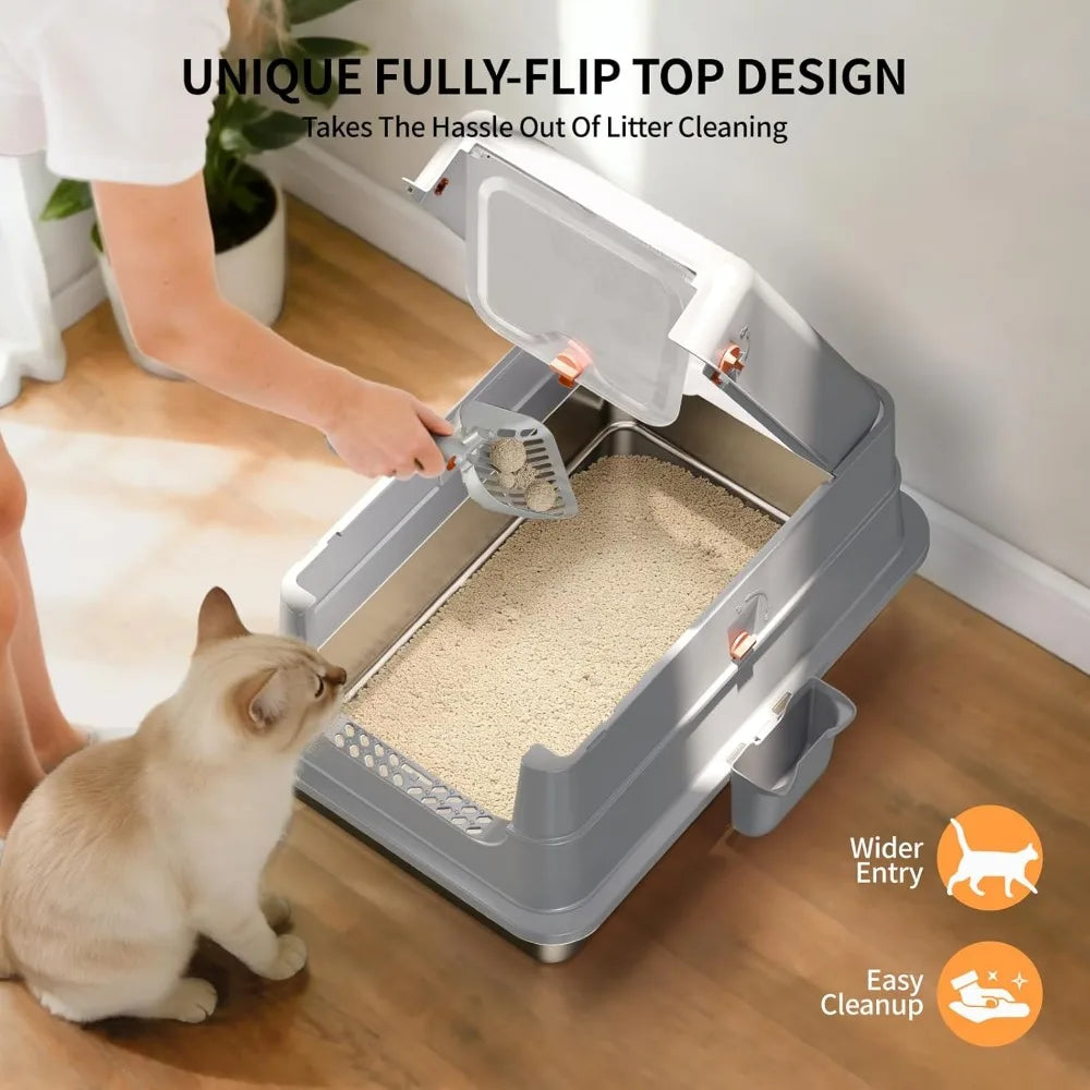 Extra Large Enclosed Stainless Steel Cat Litter Box with High Sides Flip Cover Scoop Step Leak Proof Odor Control
